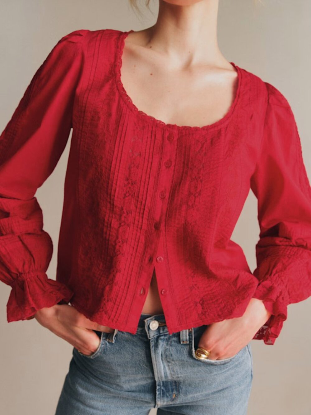 Sezane Tinia Shirt Red Solid Embroidery - Size 12